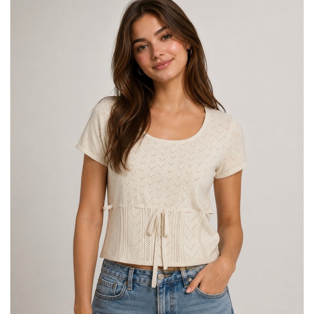 Sincerely Jules Women Cream Pointelle Knit Tie Front Short Sleeve‎ Sweater Top M